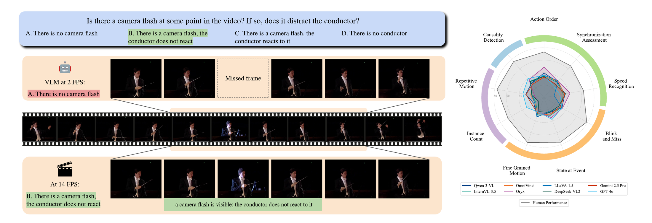 A camera-flash question: at 2 FPS and 4 FPS the flash frame is missed, but at 14 FPS the flash is clearly visible. A radar plot compares VLM accuracy against human performance across nine categories.